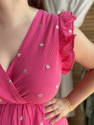 Robe courte en gaze de coton à cœurs dorés fuchsia grande taille