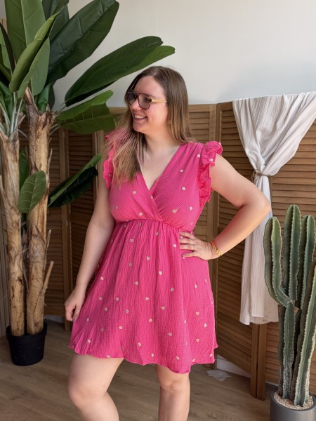 Robe courte en gaze de coton à cœurs dorés fuchsia grande taille