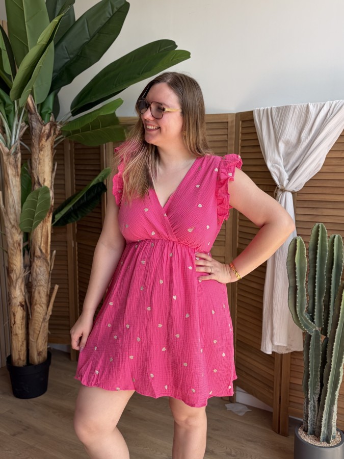 Robe courte en gaze de coton à cœurs dorés fuchsia Robe courte en gaze de coton à cœurs dorés fuchsia