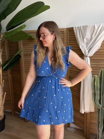 Robe courte en gaze de coton à cœurs dorés bleue grande taille