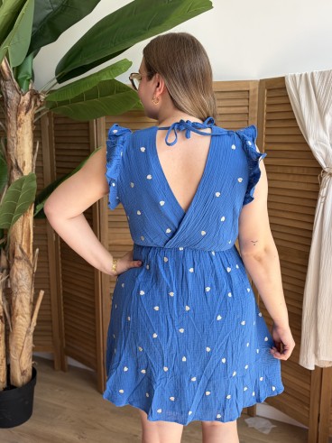 Robe courte en gaze de coton à cœurs dorés bleue grande taille