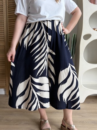 Jupe culotte fluide feuillage bleu marine grande taille
