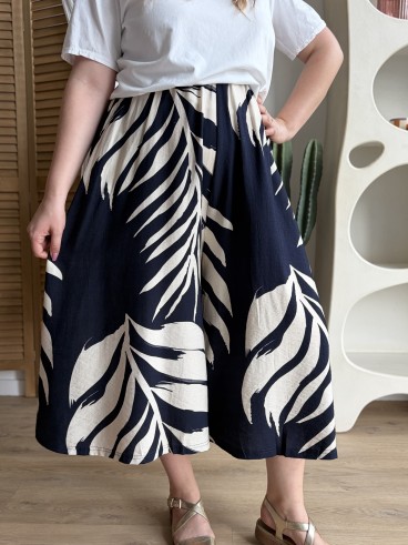 Jupe culotte fluide feuillage bleu marine grande taille