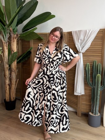 Robe longue fluide Labyrinthe fendue noire grande taille