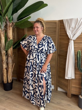 Robe longue fluide Labyrinthe fendue bleu marine grande taille