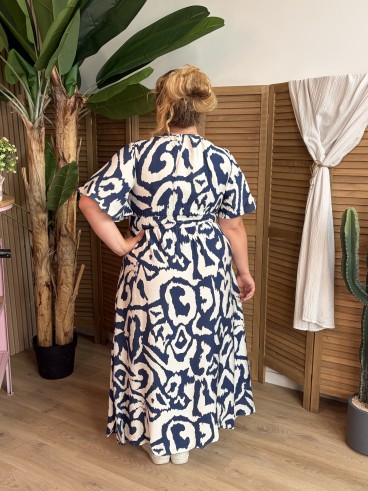 Robe longue fluide Labyrinthe fendue bleu marine grande taille