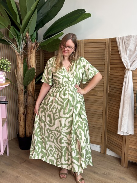 Robe longue fluide Labyrinthe fendue vert grande taille