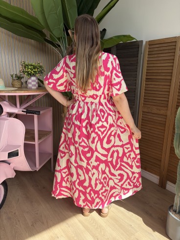 Robe longue fluide Labyrinthe fendue fuschia grande taille