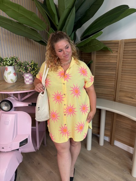 Robe chemise Soleil en gaze de coton jaune grande taille