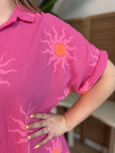 Robe chemise Soleil en gaze de coton rose grande taille
