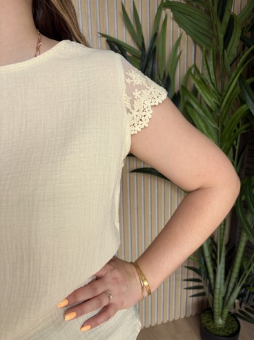 Blouse Dentelle en gaze de coton jaune pastel grande taille