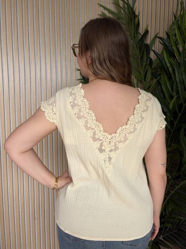 Blouse Dentelle en gaze de coton jaune pastel grande taille