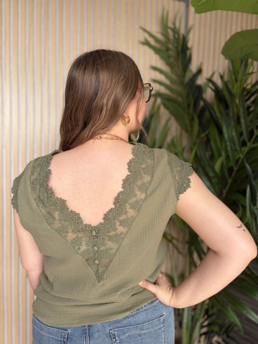 Blouse Dentelle en gaze de coton kaki grande taille