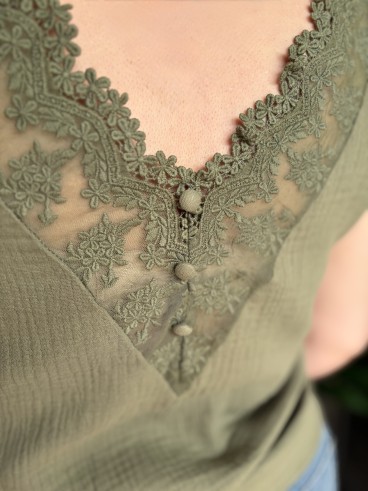Blouse Dentelle en gaze de coton kaki grande taille