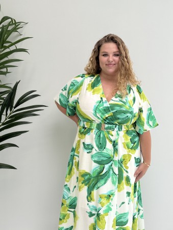 Robe longue fluide "Olivia" avec ceinture imprimé feuilles vertes curvy