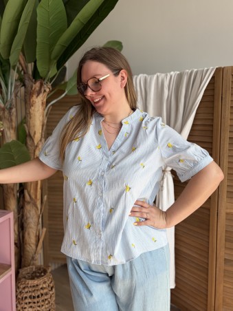 Chemise rayée à citrons brodés bleue grande taille