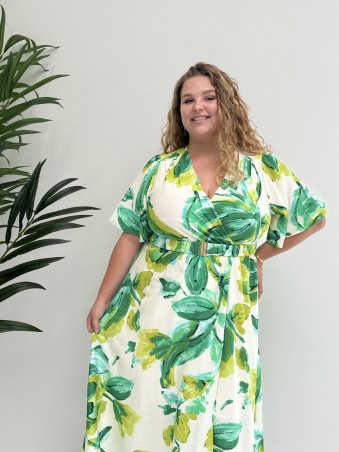 Robe longue fluide "Olivia" avec ceinture imprimé feuilles vertes curvy