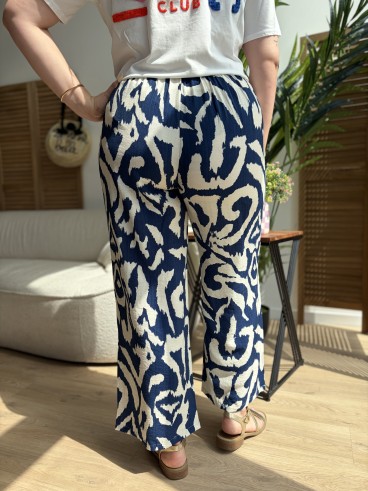 Pantalon fluide Labyrinthe bleu grande taille
