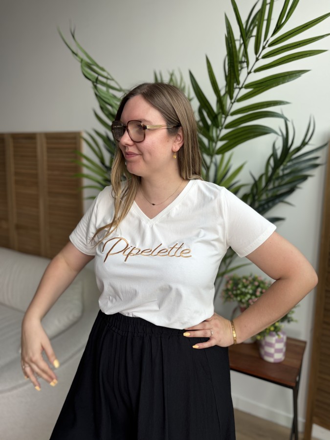 T-shirt Pipelette brodé blanc T-shirt Pipelette brodé blanc
