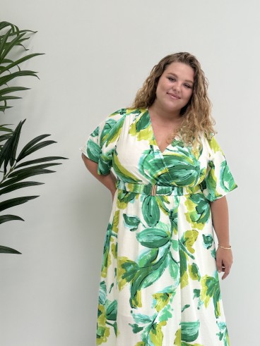 Robe longue fluide "Olivia" avec ceinture imprimé feuilles vertes curvy
