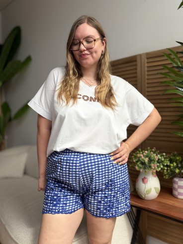 Short Vichy brodé bleu grande taille