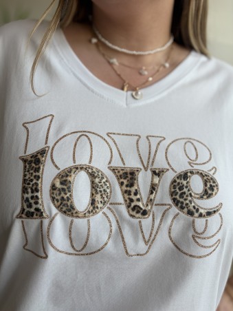 T-shirt Love léopard blanc