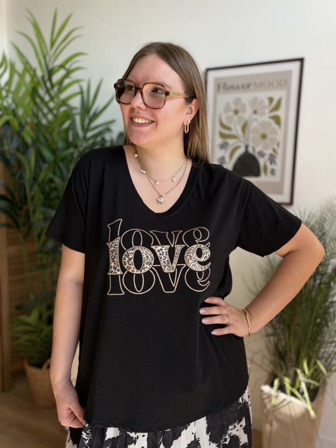 T-shirt Love léopard noir