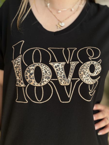 T-shirt Love léopard noir