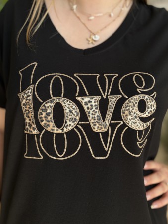 T-shirt Love léopard noir