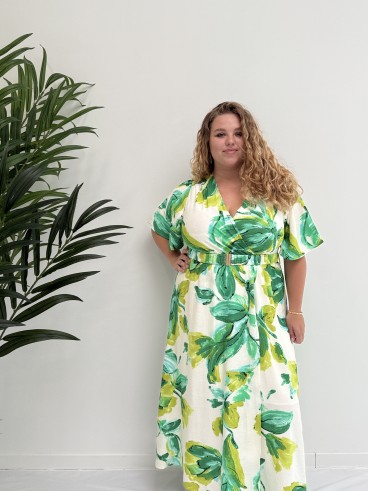 Robe longue fluide "Olivia" avec ceinture imprimé feuilles vertes curvy