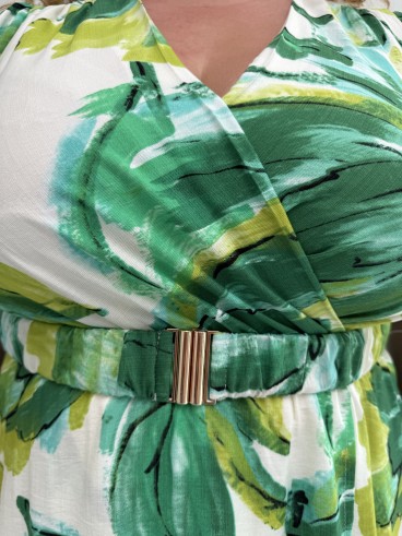Robe longue fluide "Olivia" avec ceinture imprimé feuilles vertes curvy