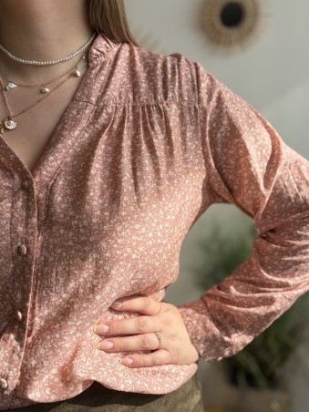 Blouse Pauline fleurie vieux rose