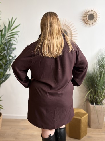Robe chemise Éléonore col victorien marron - grande taille