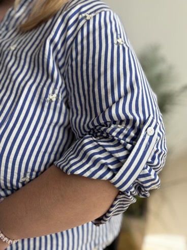 Blouse rayée brodée Alba bleu foncé - grande taille