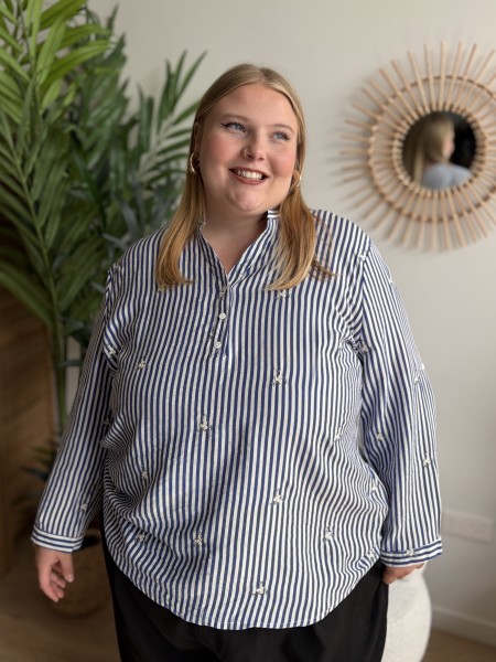 Blouse rayée brodée Alba bleu foncé - grande taille