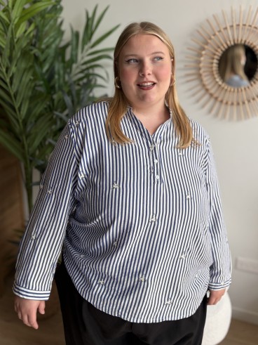 Blouse rayée brodée Alba bleu foncé - grande taille