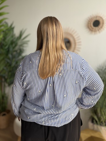 Blouse rayée brodée Alba bleu foncé - grande taille