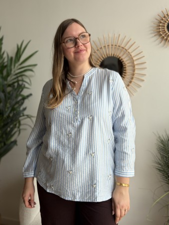 Blouse rayée brodée Alba bleu clair - grande taille