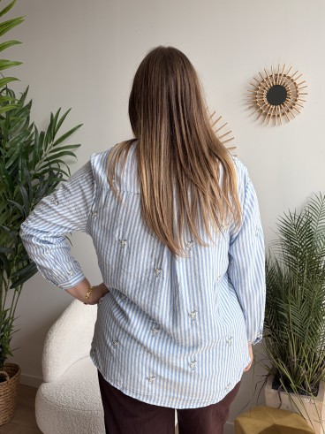 Blouse rayée brodée Alba bleu clair - grande taille