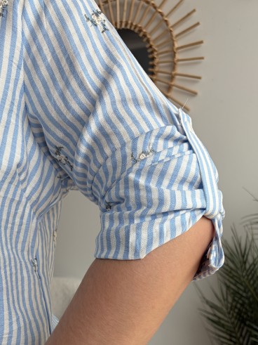 Blouse rayée brodée Alba bleu clair - grande taille