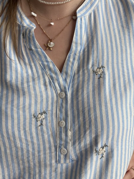 Blouse rayée brodée Alba bleu clair