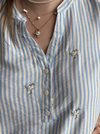 Blouse rayée brodée Alba bleu clair