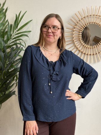 Blouse Lison à volants et paillettes bleue - grande taille