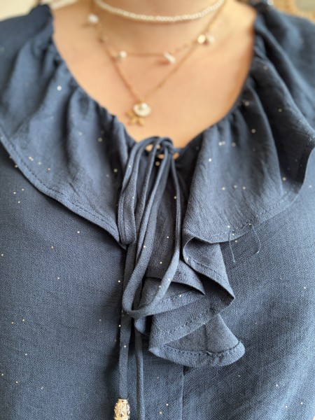 Blouse Lison à volants et paillettes bleue