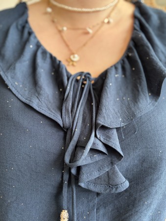 Blouse Lison à volants et paillettes bleue