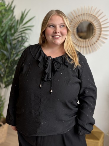 Blouse Lison à volants et paillettes noire - grande taille
