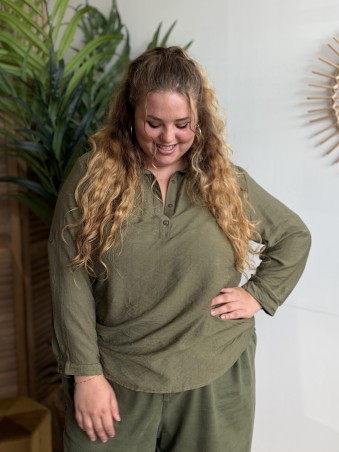 Blouse à col victorien Agathe vert kaki - grande taille