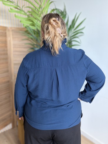 Blouse à col victorien Agathe bleue - grande taille