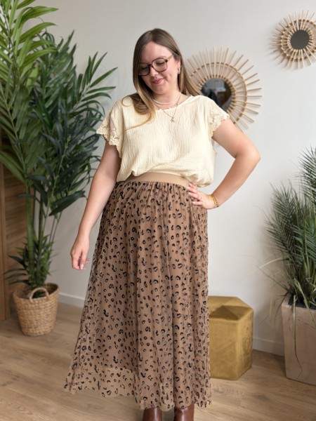 Jupe longue en tulle léopard camel - grande taille