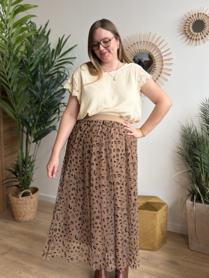 Jupe longue en tulle léopard camel Jupe longue en tulle léopard camel